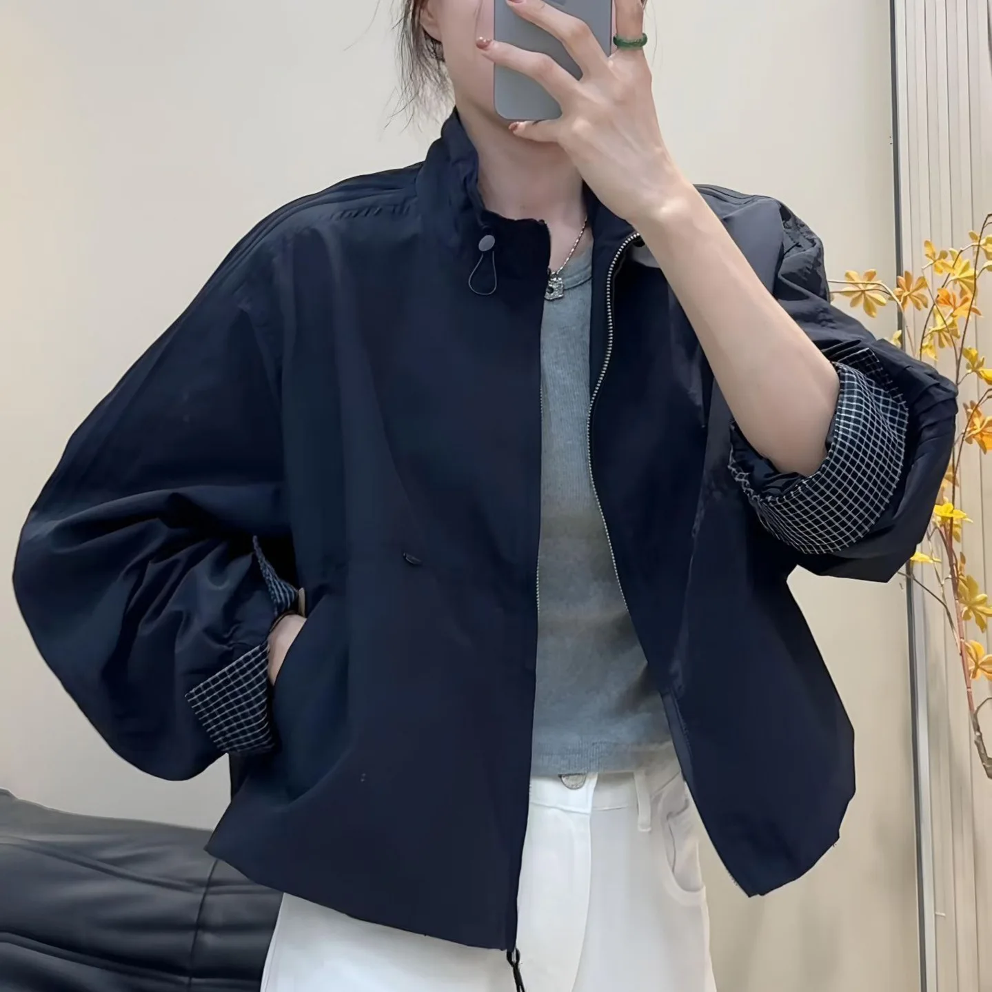 Korean Style Women's Autumn  New Stand Collar Windbreaker Casual Petite Baseball Jacket Short Trench Coat