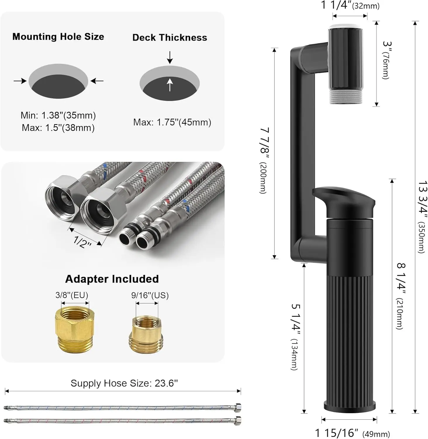 صنبور حمام بفتحة واحدة قابل للدوران مع أوضاع مياه مزدوجة لأحواض الغرور، مناسب للحمام وغرفة الغسيل، أسود غير لامع #2