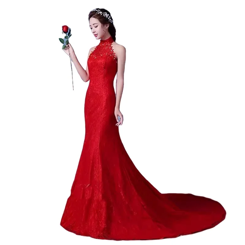 It's Yiiya Red Wedding Dresses Lace Sequins Halter Collar Marmaid Trumpet Floor-length Trailing Plus size Bride Gowns XN029