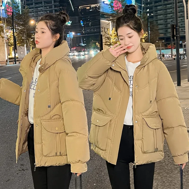 

New Autumn Winter Jackets Loose Hooded Women Cotton Padded Jacket Solid Short Women's Parka Long Sleeve Female Coat Trend 2023