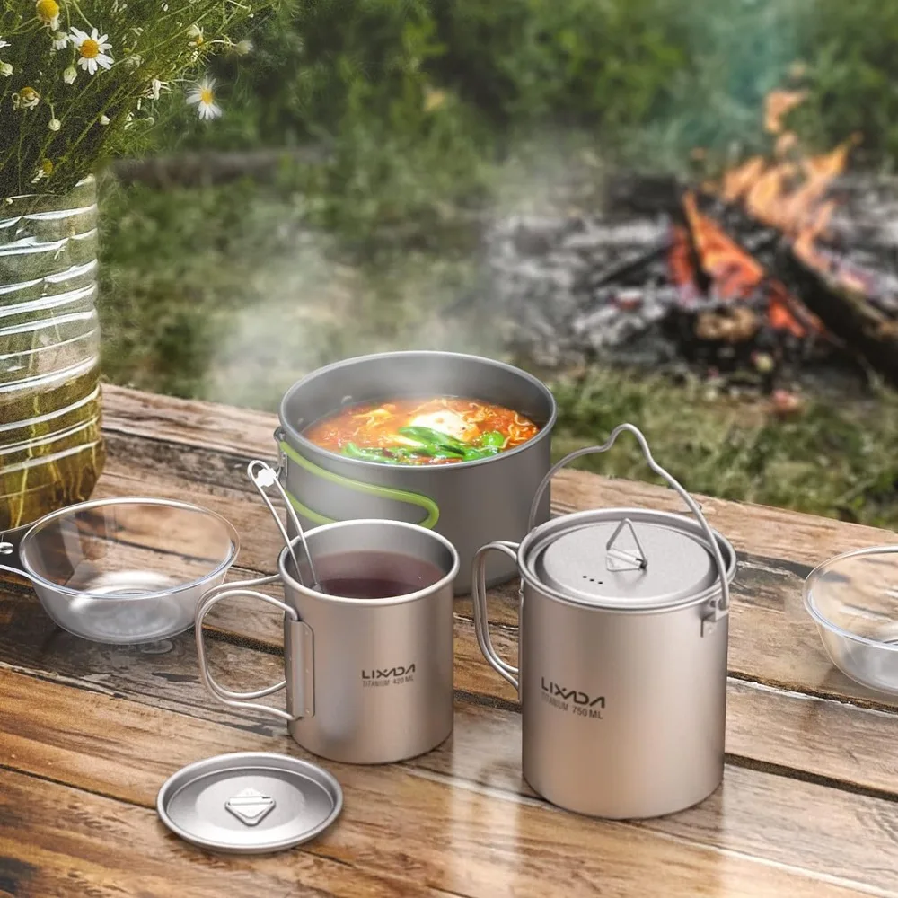 

Lixada Camping Titanium Pot,750ml Titanium Pot with 450ml Water Cup Mug Folding Spork Camping Cookware Set for Outdoor Camping