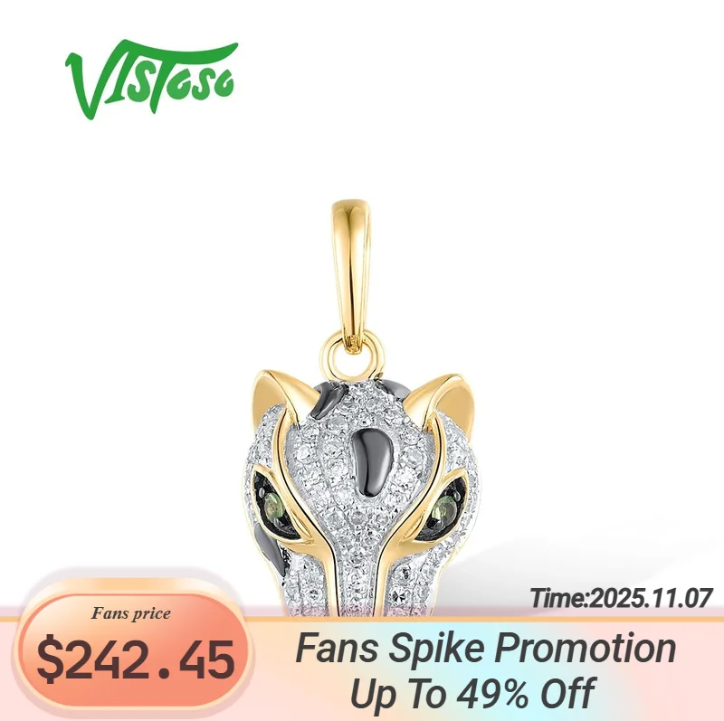 VISTOSO Real 14K 585 Yellow Gold Leopard Pendant For Women Sparkling Diamond Green Garnet Delicate Wedding Party Fine Jewelry