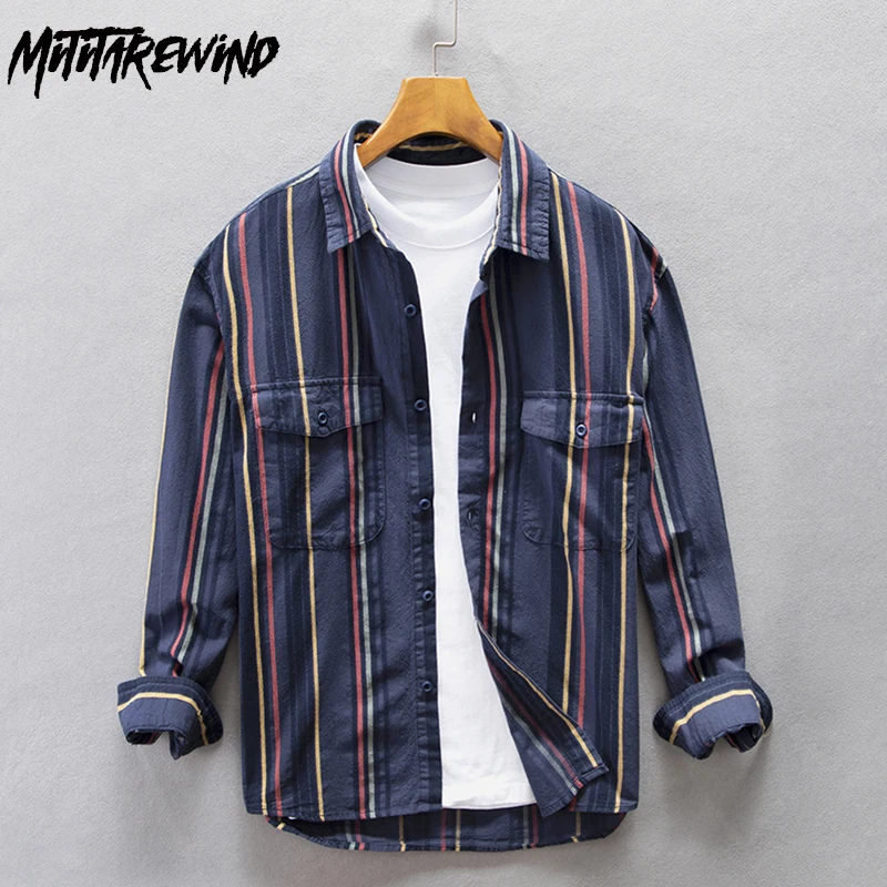 

Spring Autumn Long Sleeve Striped Shirt Men High Street Casual Shirts 100% Cotton Pocket Loose Shirt Japanese Vintage Clothes