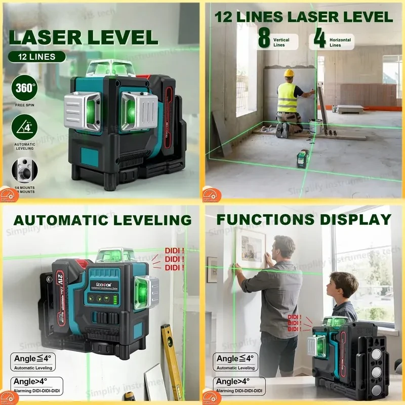 12-Line 3D Self-Leveling Laser Level with 360° Horizontal Vertical Cross Green Beam Compatible with Makita 18V