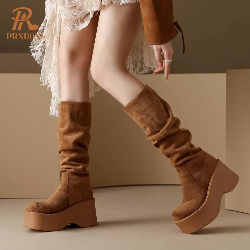 PRXDONG INS 2024 Nowa moda Jesień Zima Buty damskie Chunky High Heels Platform Black Brown Dress Party Casual Knee High Boots