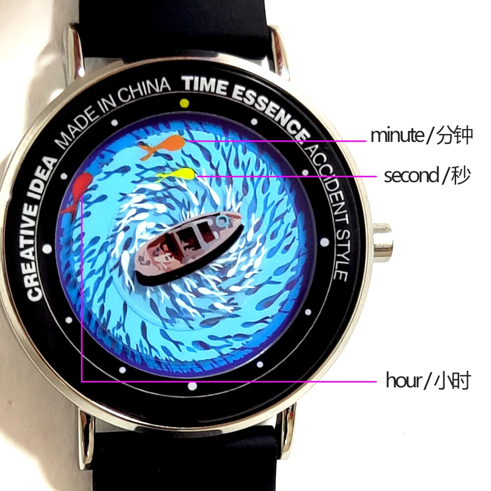 TIME ESSENCE creative blackhole b​eautiful quartz watch boat is on the calm lake surface, surrounding the fish