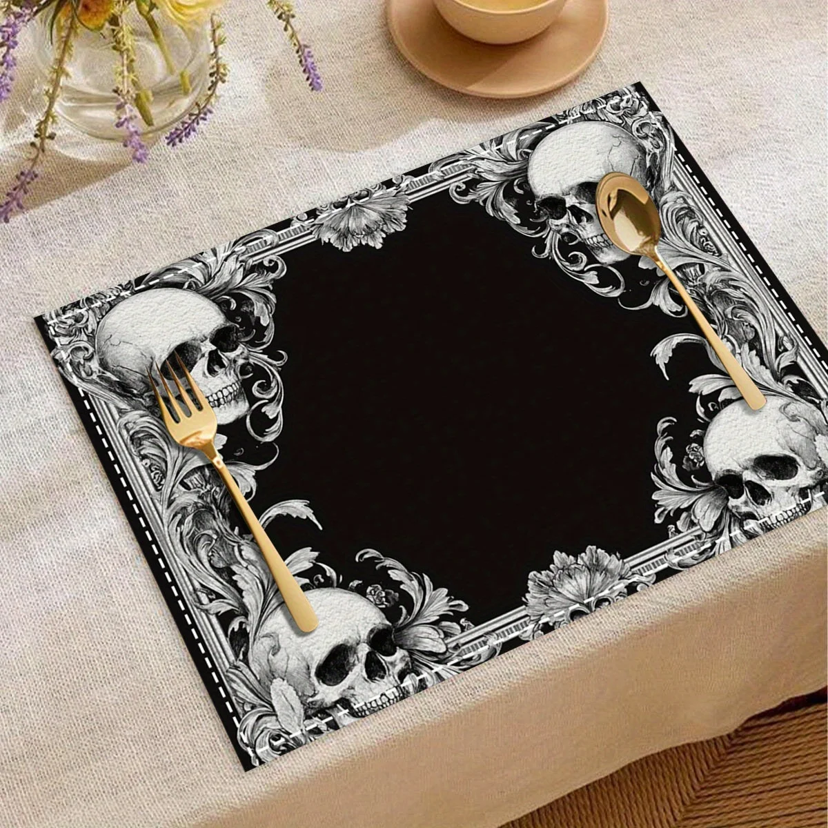 VIKAMA4/6/8/10PC Vintage Totenkopf Tischsets Gothic Floral Mystic Cross Halloween Party Escape Room Cafe Dunkler Stil
