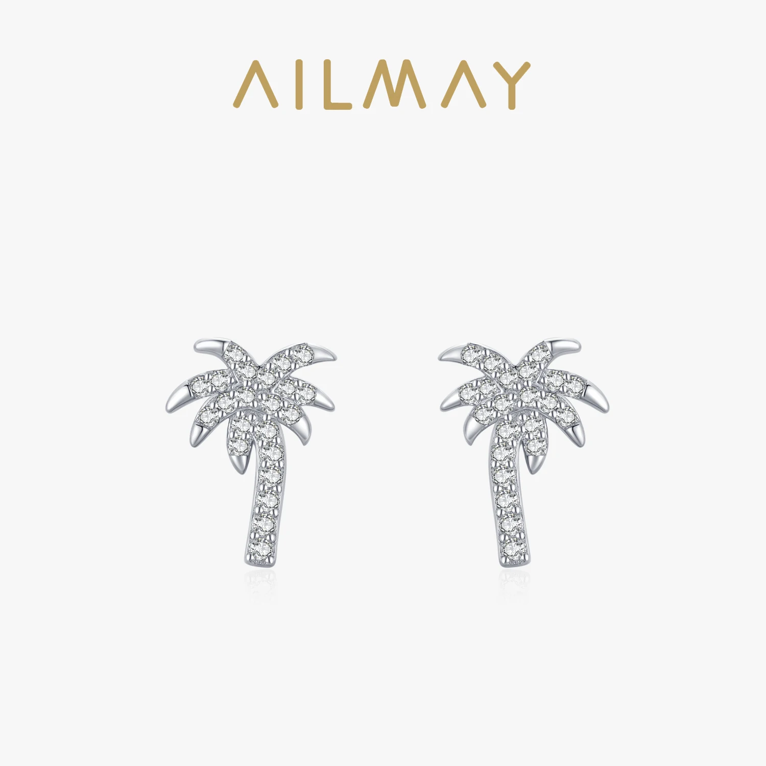 Ailmay Top Quality Real 925 Sterling Silver Trendy Coconut Tree Clear Zircon Stud Earrings For Women Romantic Wedding Jewelry