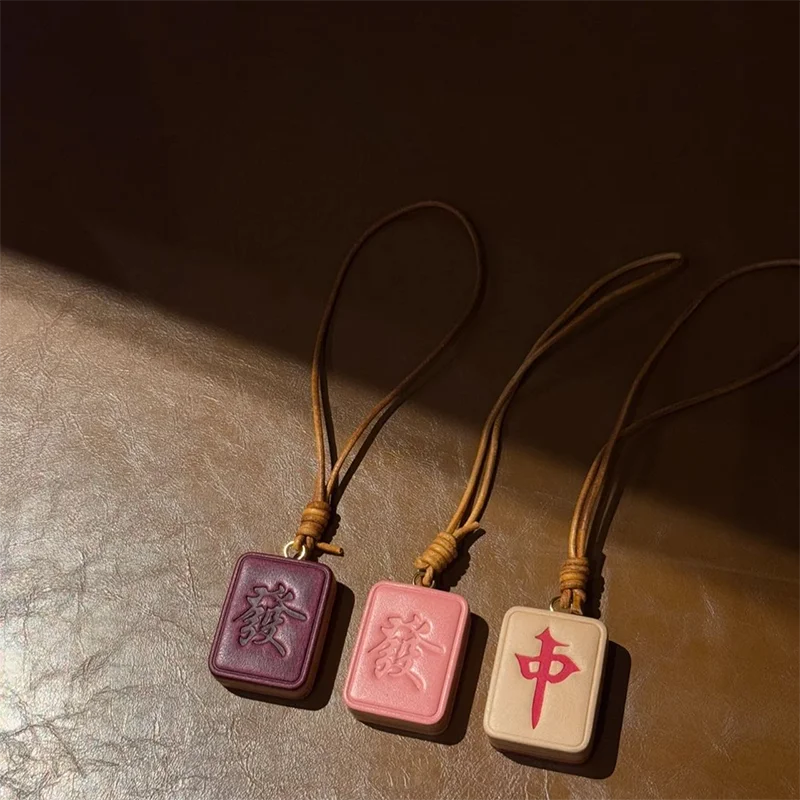 Creative Mahjong Keychain Handmade Leather Mahjong Charm Lucky Wealth Mahjong Tile Pendant Decorative for Bags and Keys Trinkets