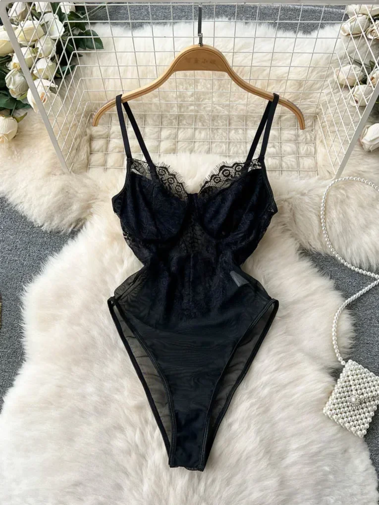 Foamlina Đen Gợi Cảm Ren Sheer Bodysuits Cho Phụ Nữ Thời Trang Đồ Phối Dây Cổ Chữ V Hở Lưng Xem Qua Bodysuits Cao Cấp