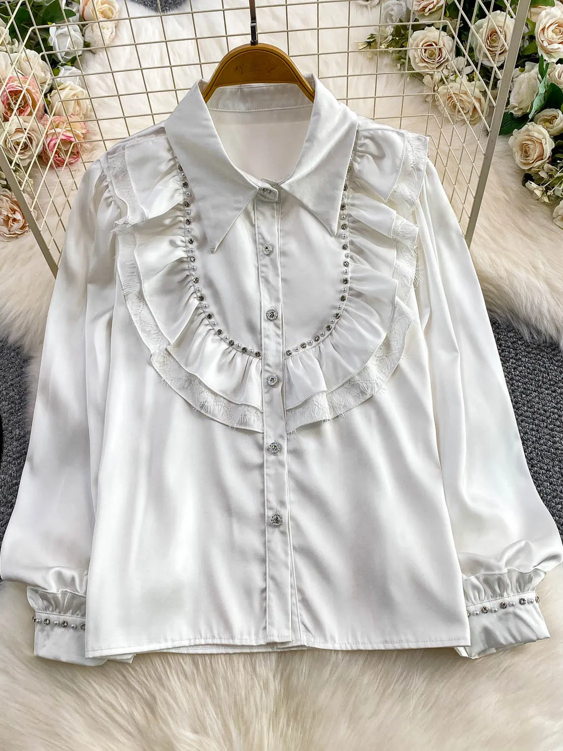 

Heavy Embellished Diamond Bead Flip Collar Silk Satin Lace Patchwork Anti-Wrinkle Bell Sleeve Women's Shirt Princess Style