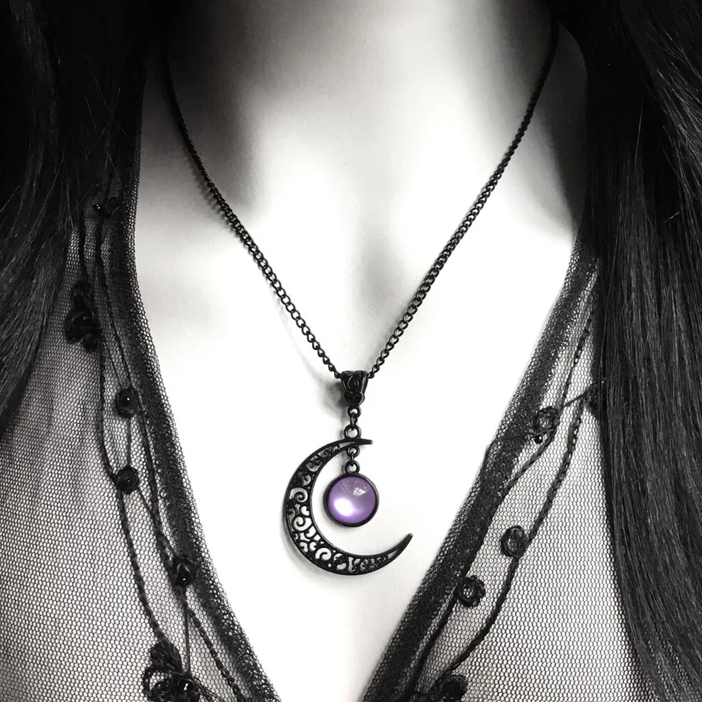 Gothic Black Moon Necklace Fashion Mystery Witch Jewelry Accessorie Gift Vintage Hollow Black Moon Pendant Colorful Stone Choker