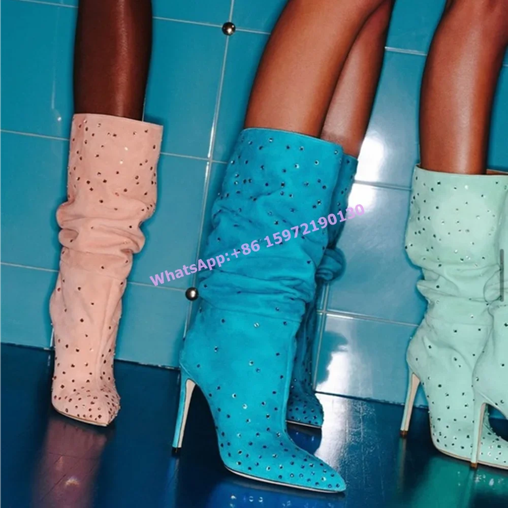 

Rhinestone Pleated Runway Boots Pointy Toe Thin Heels Wide-Calf Slouch Long Winter Shoes Slip On Sexy Street Style Luxury Boots