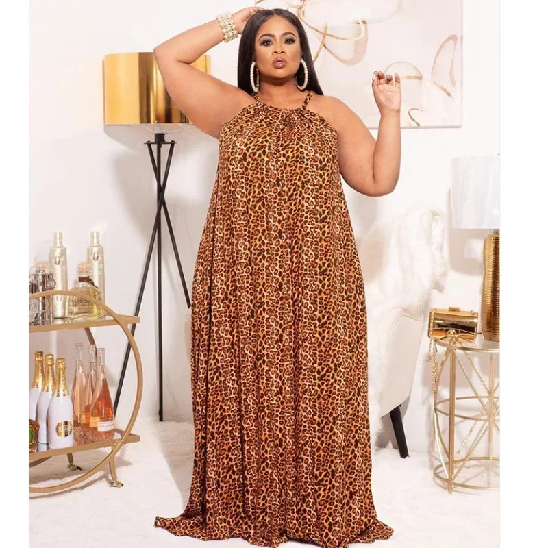 KEXU Leopard Print Plus Size Women Halter Backless Big Swing Floor Length Maxi Dress 2024 Summer Beach Boho Holiday Dresses