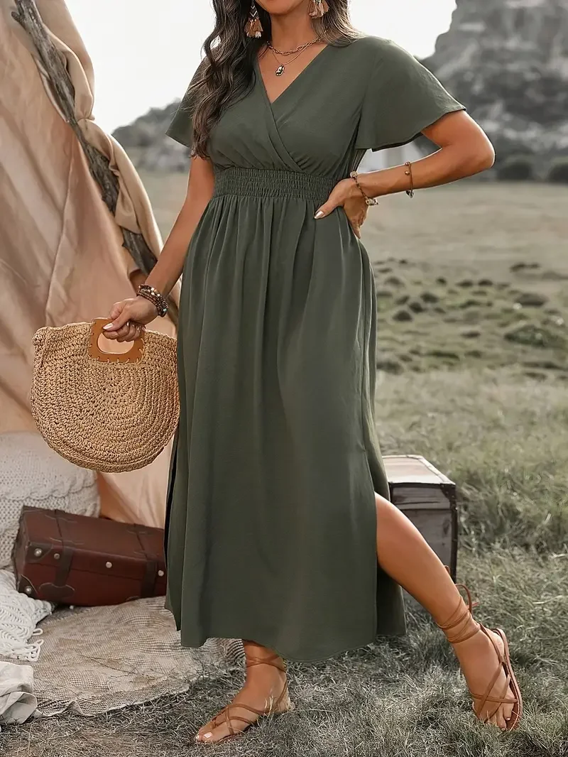 Summer new casual fashion V-neck waist band collar side slit long dress