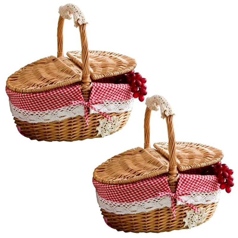 

2X Hand Made Wicker Basket Wicker Camping Picnic Basket Shopping Storage Hamper And Handle Wooden Wicker Picnic Basket