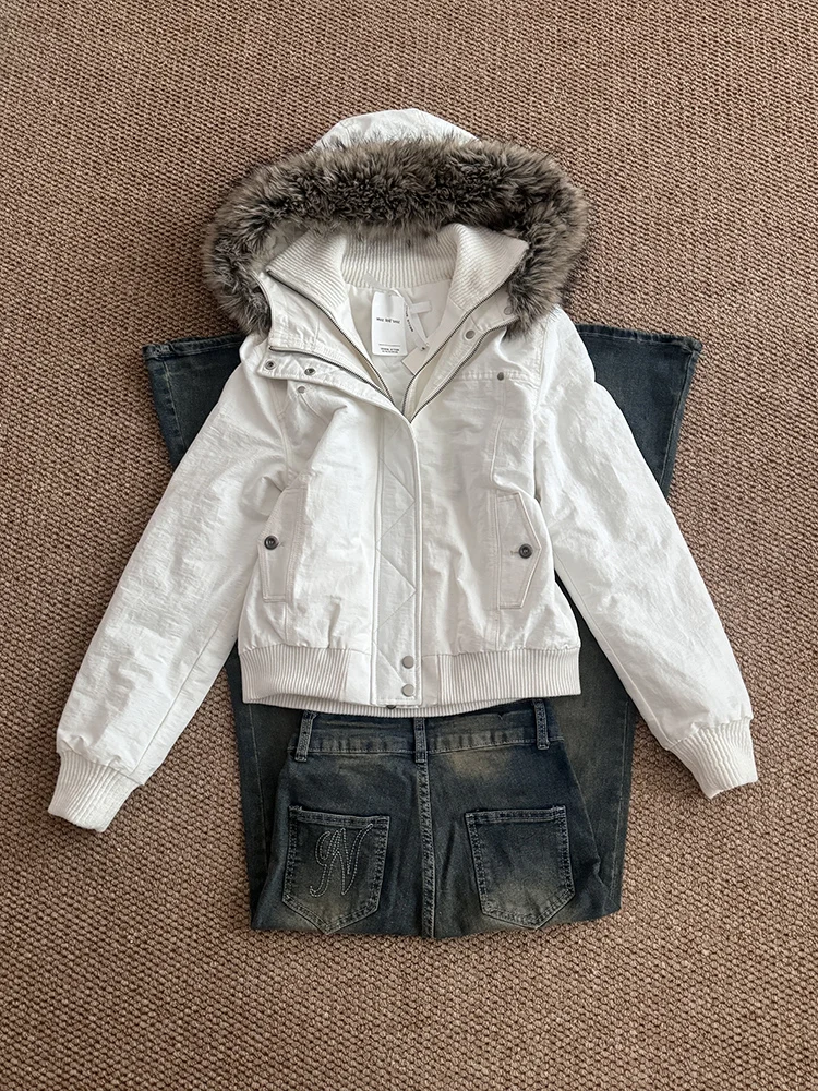 

Корейское ретро хлопковое пальто с капюшоном, женское тонкое теплое пальто высокого класса с меховым воротником, осень-зима, чистый цвет