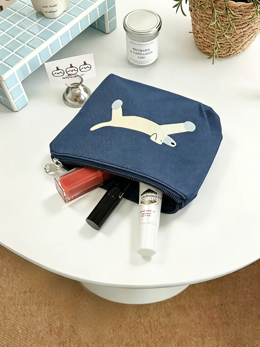 

Navy Cartoon Dog Print Canvas Pouch, Japanese Style Zipper Bag for Cosmetics, Earphones & Cables, Cute Multi-use Organizer for H