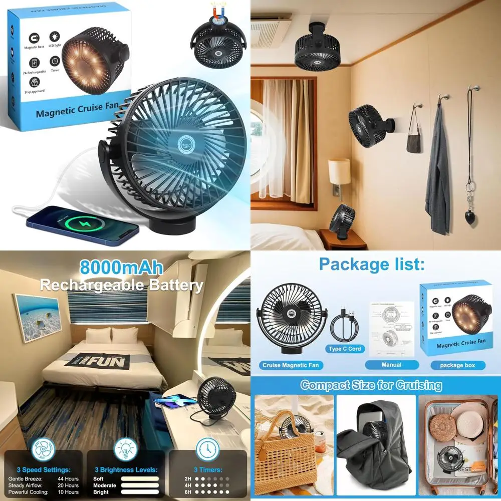 

Магнитный круизный вентилятор на аккумуляторе 8000 мАч с LED-подсветкой, таймером и функцией подачи питания для судовых кают