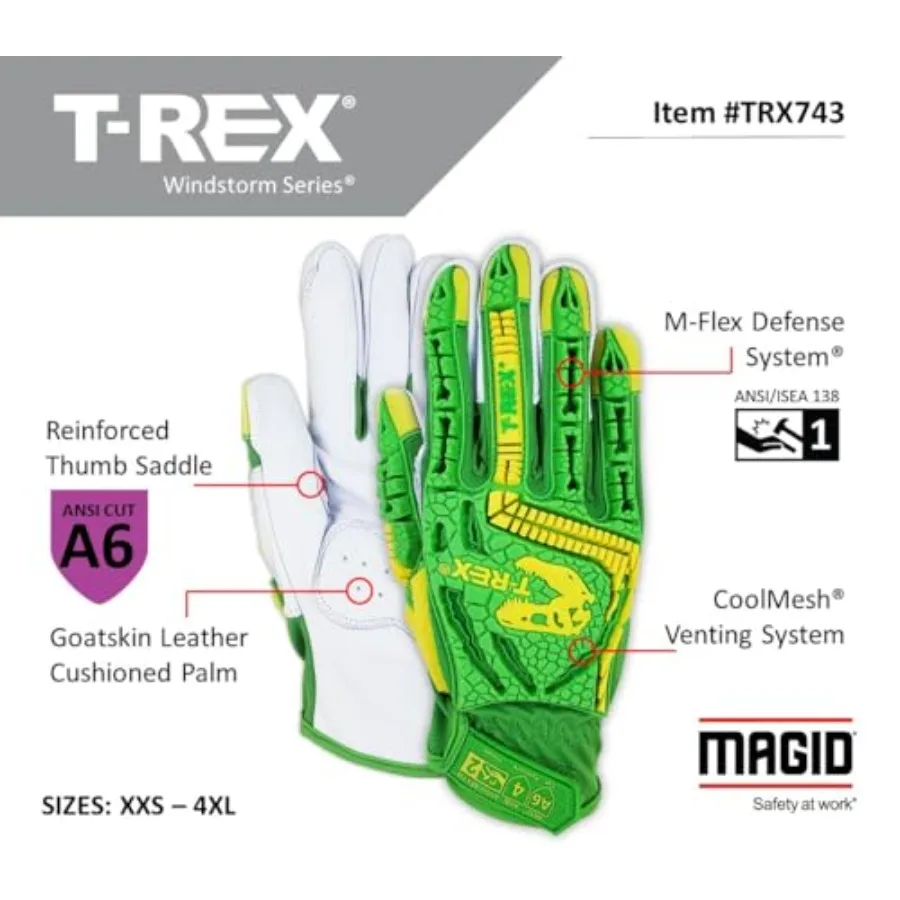 T-REX Wind Series ANSI A6 Goatskin Palm Impact Gloves,,arge, 743