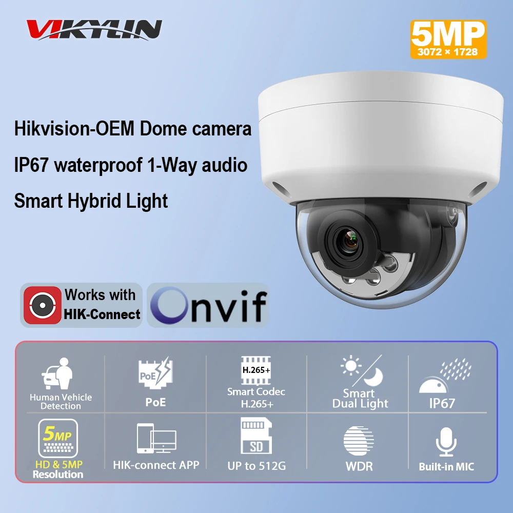 

Vikylin Hikvision OEM Dome IP Camera 5/8MP Smart Hybrid Light MD2.0 Outdoor IK10 Video Surveillance Home CCTV Security Camera