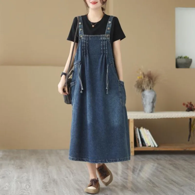 200 Catties Large Size Women's Denim Skirt Female Autumn Blouse Suspenders Skirt Sleeveless Dress Long Suspenders Skirt Female