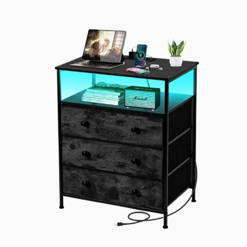 محطة شحن 3 أدراج، مجموعة حامل ليلي LED بعرض 24 بوصة، 2 مع رف تخزين درج قماشي قابل للتعديل لغرفة النوم باللون الأسود #6