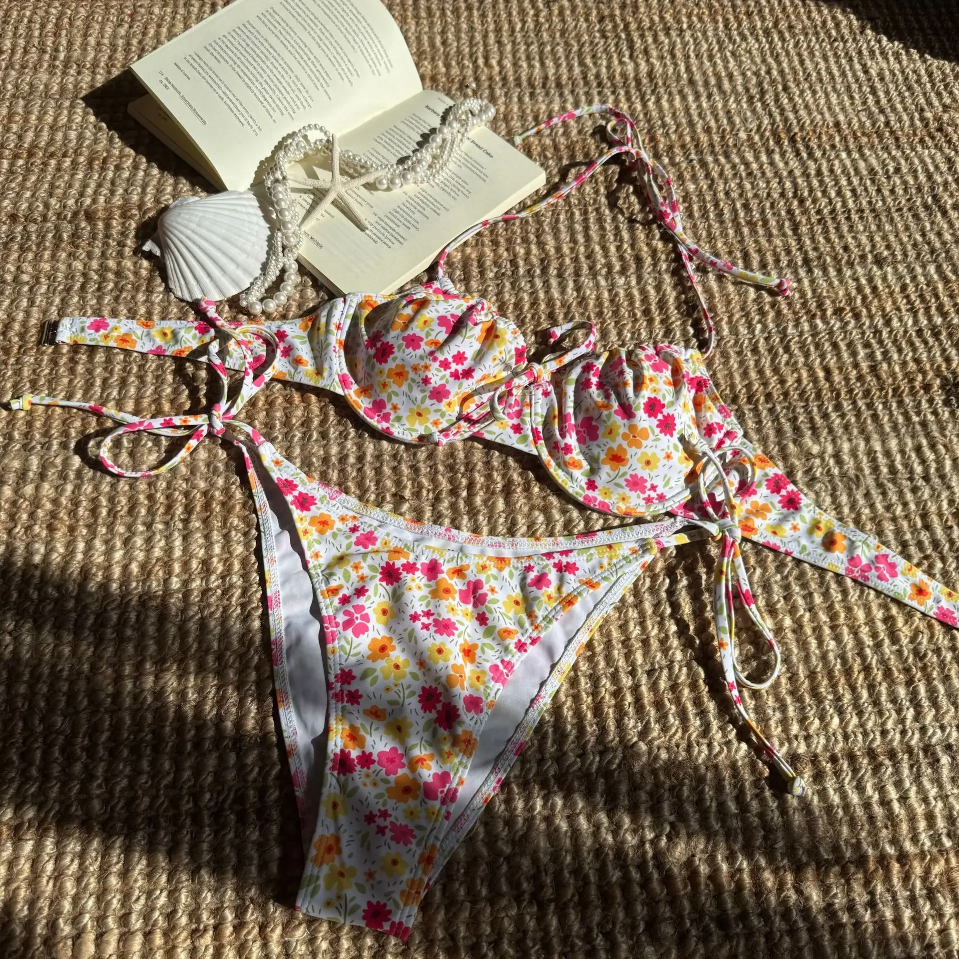 

Sexy Pink Floral Print Underwire Bikini 2025 Women Halter Push Up Tie Side Thong Swimsuit Bathing Suit Bandage Micro Swimwear