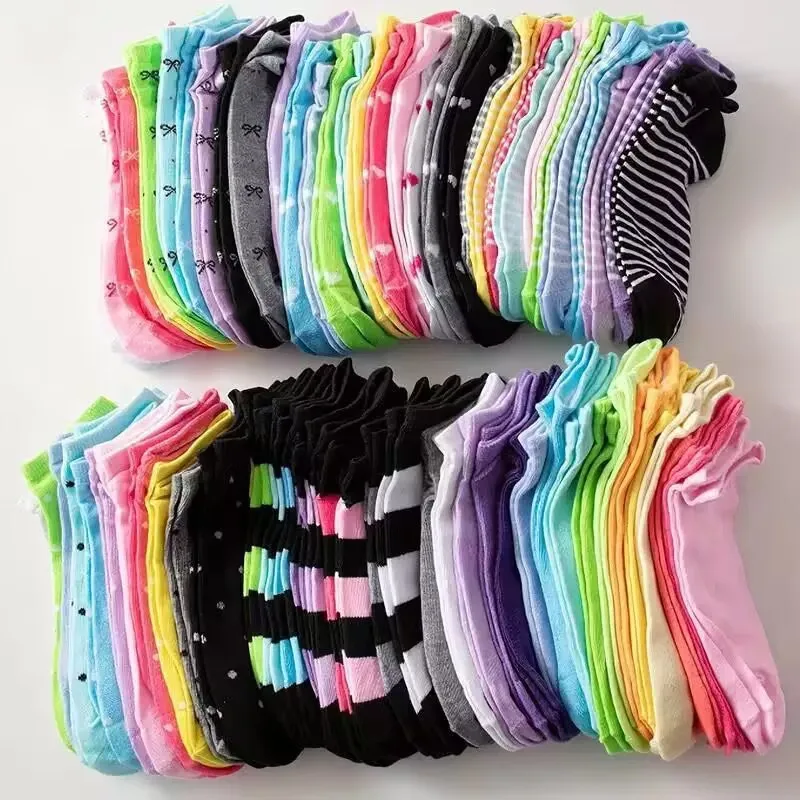 Random 5 Pairs Candy Color Cartoon Spring Summer Womens Sweat Absorbent Short Socks Korean Style Summer Casual Socks For Women