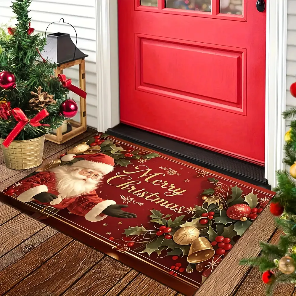 VIKAMA Christmas Doormat Non‑Slip Front Door Rug Washable Indoor Outdoor Xmas Holly Bell Winter Entrance Home Decor Mat