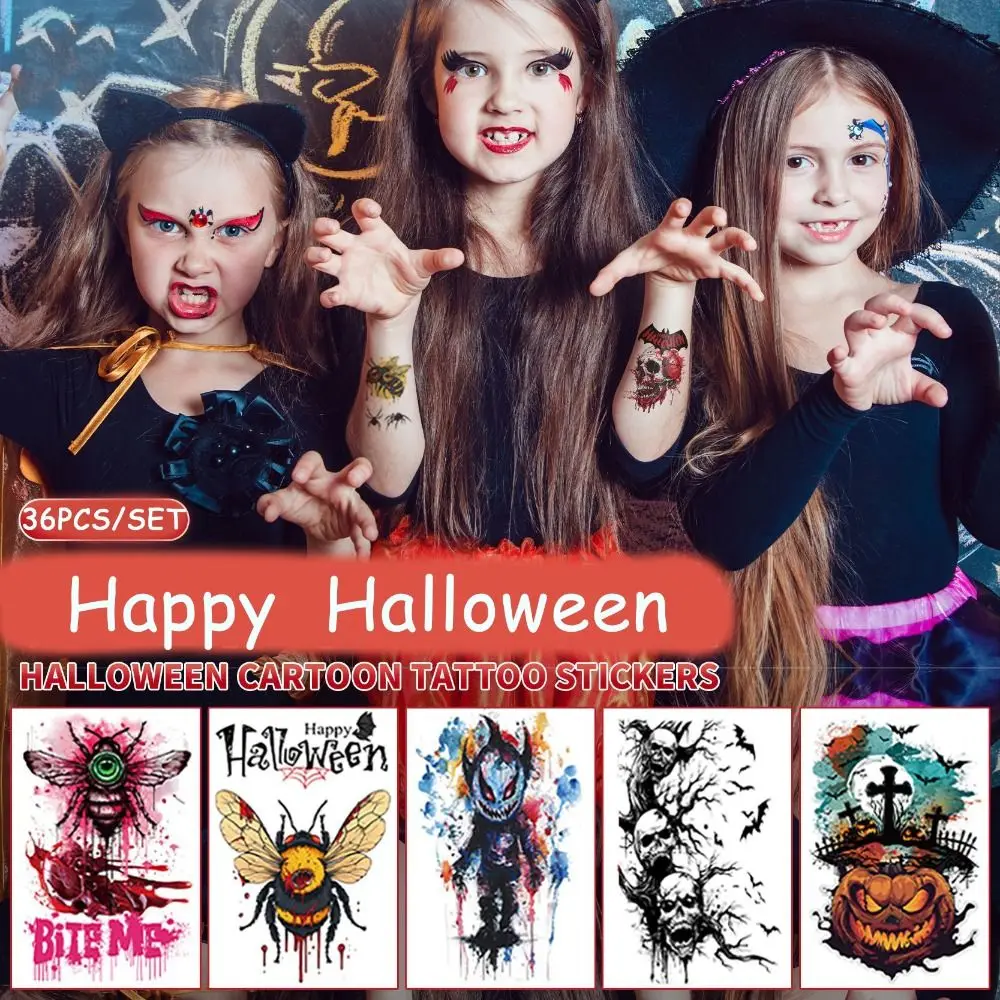 36Sheets Fake Tatto Halloween Tattoo Stickers Disposable Zombie Big Mouth Face Sticker Cosplay Props Bloody Makeup