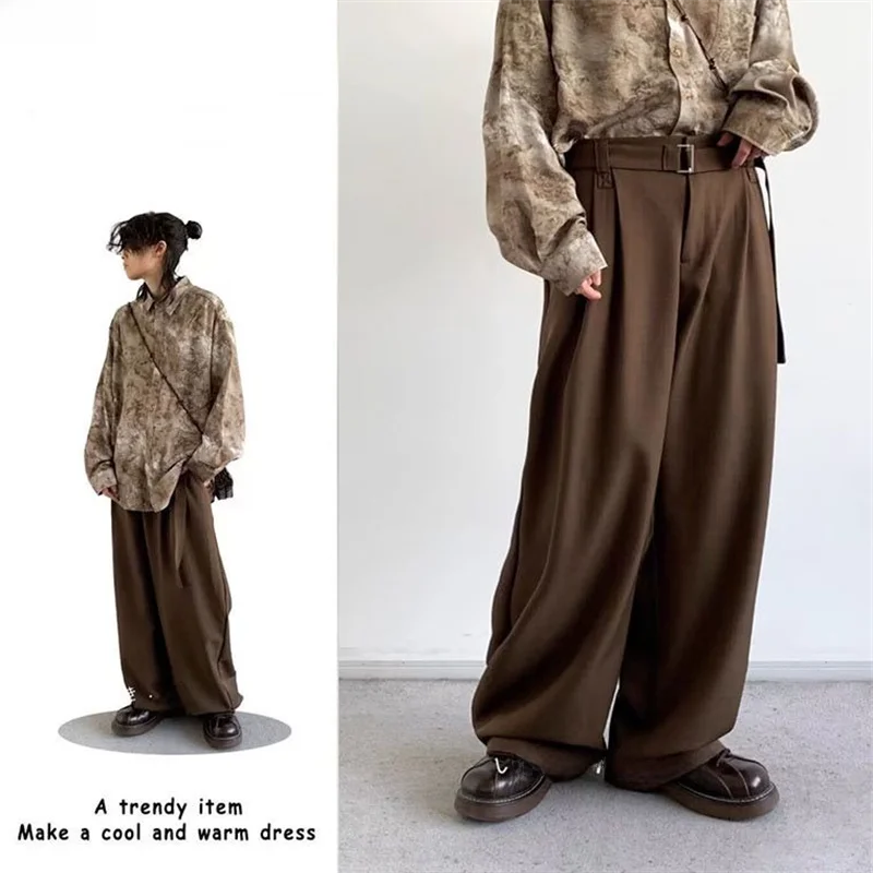 

Мужские и женские свободные повседневные широкие брюки, весна-осень, сезонный винтажный съемный пояс кофейного цвета, универсальные длинные брюки...