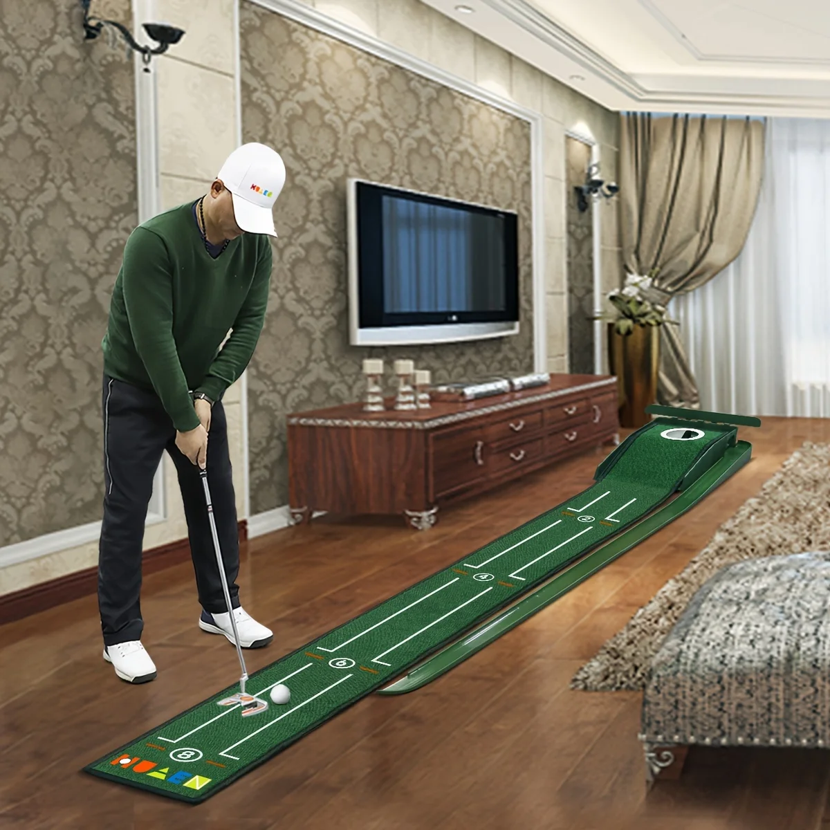 243.84cm golf putting mat with alignment guide-portable indoor/office mini golf course, compact design, durable ABS material,