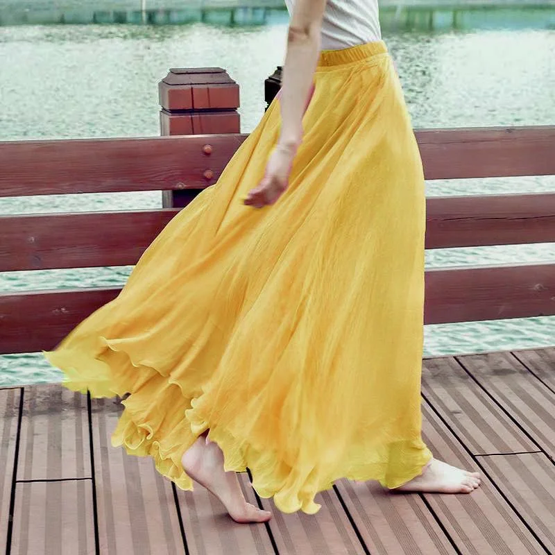 

High End Large Swing Long Skirts High-grade Women Summer Beach Bohemian Skirts High Waist Fashion Gold Silk Chiffon Maxi Skirt