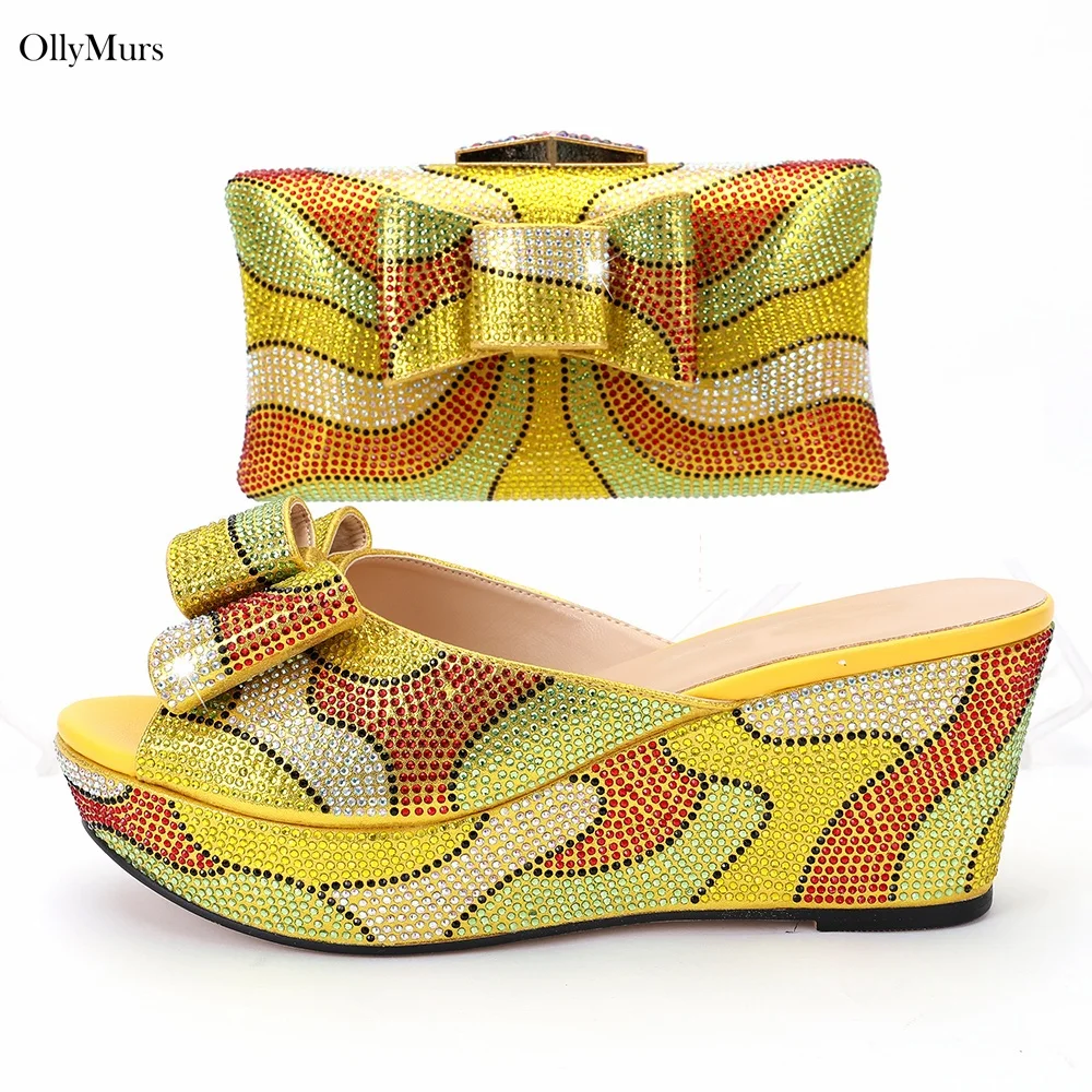 Nigerian Style Yellow Color Women Shoes With Matching Bag Set For Party Dress Hot Sale African Elegant Shoes And Bag Set