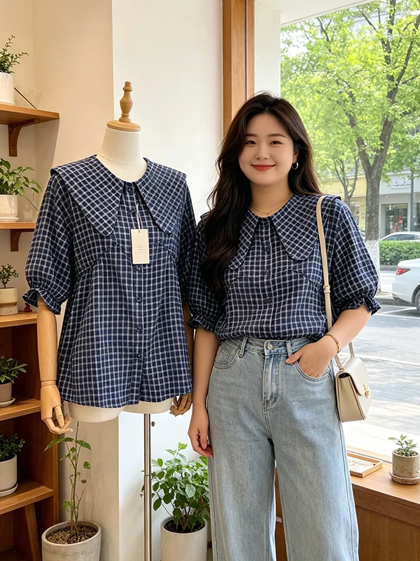 

plus Size Women's Retro Plaid Short Sleeve Shirt Doll Collar Korean Style Summer New Arrival Casual Comfortable Fit Shirt