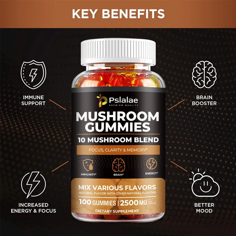 Mushroom Gummies 2500 Mg - Enhances Brain Function, Boosts Energy Production, and Supports Heart Health