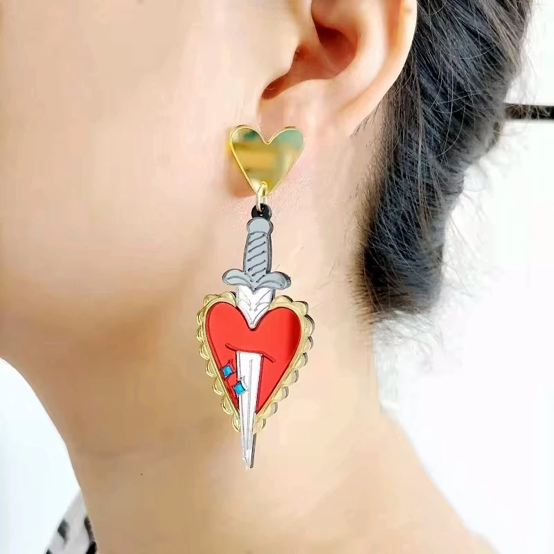 KUGUYS Stabbed Heart By Sword Earrings For Women Original and Funny Red Gold Color Mirror Classic Acrylic Jewelry Accessories