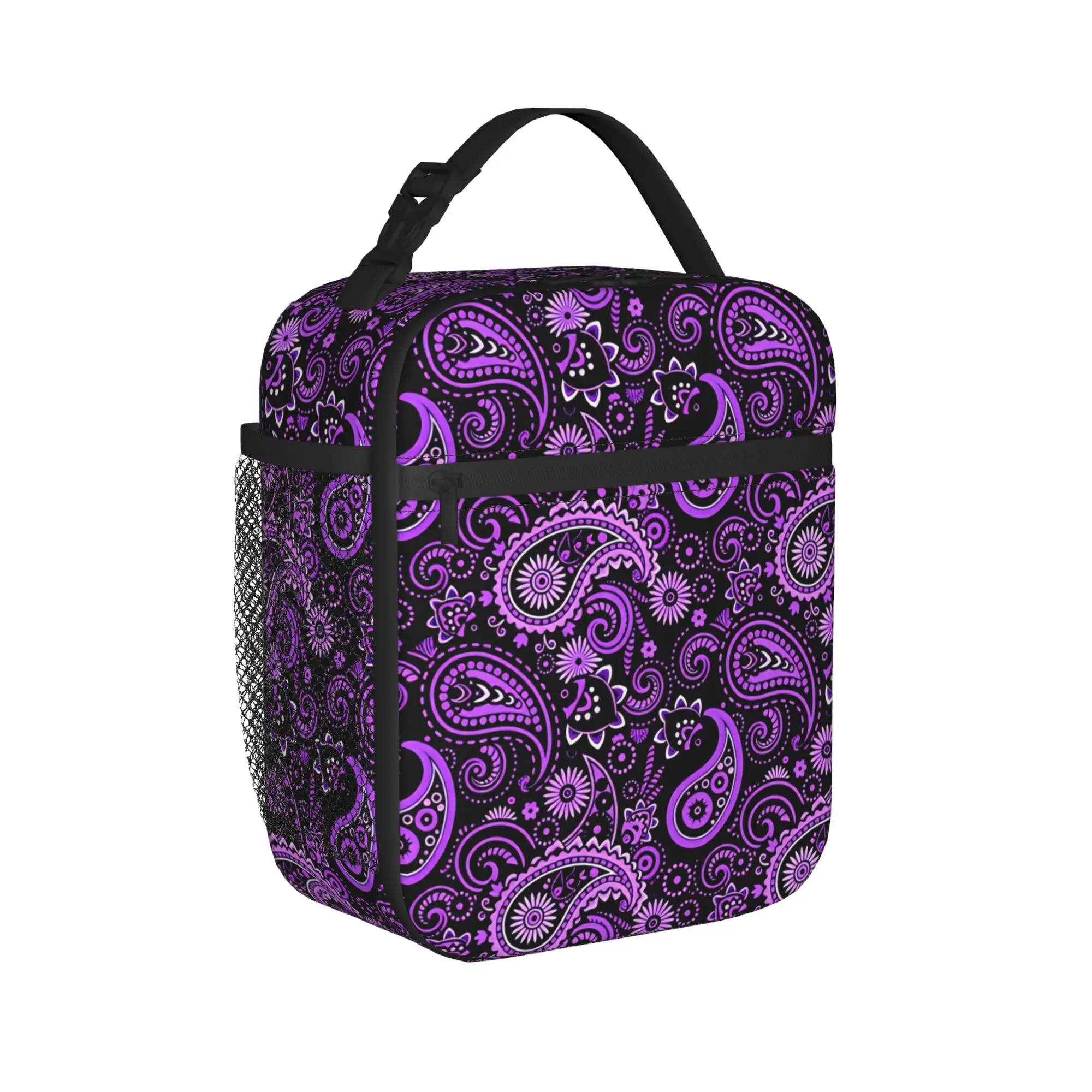 Purple Floral Paisley Bohemian Dark Lunch Bag For Unisex  Print Picnic Lunch Box Fashion Portable Oxford Cooler Bag