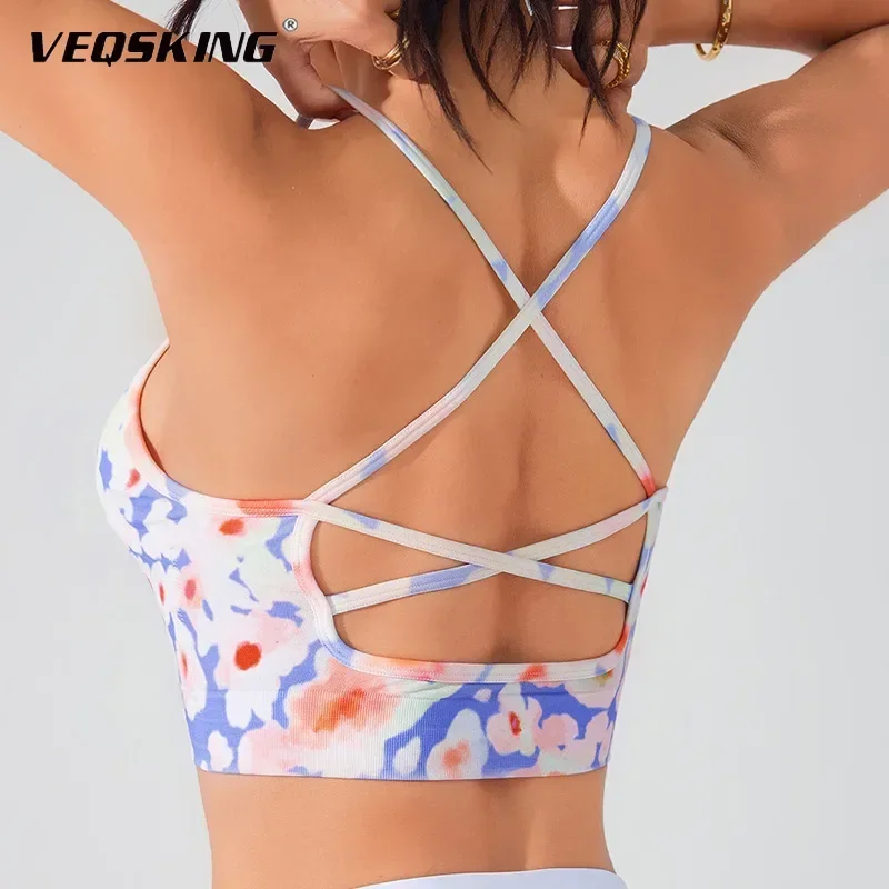 

Весенне-летний новый фитнес-бюстгальтер, женский тонкий плечевой ремень с цветочным принтом, жилет для йоги со сборками на спине, повседневное спортивное нижнее белье