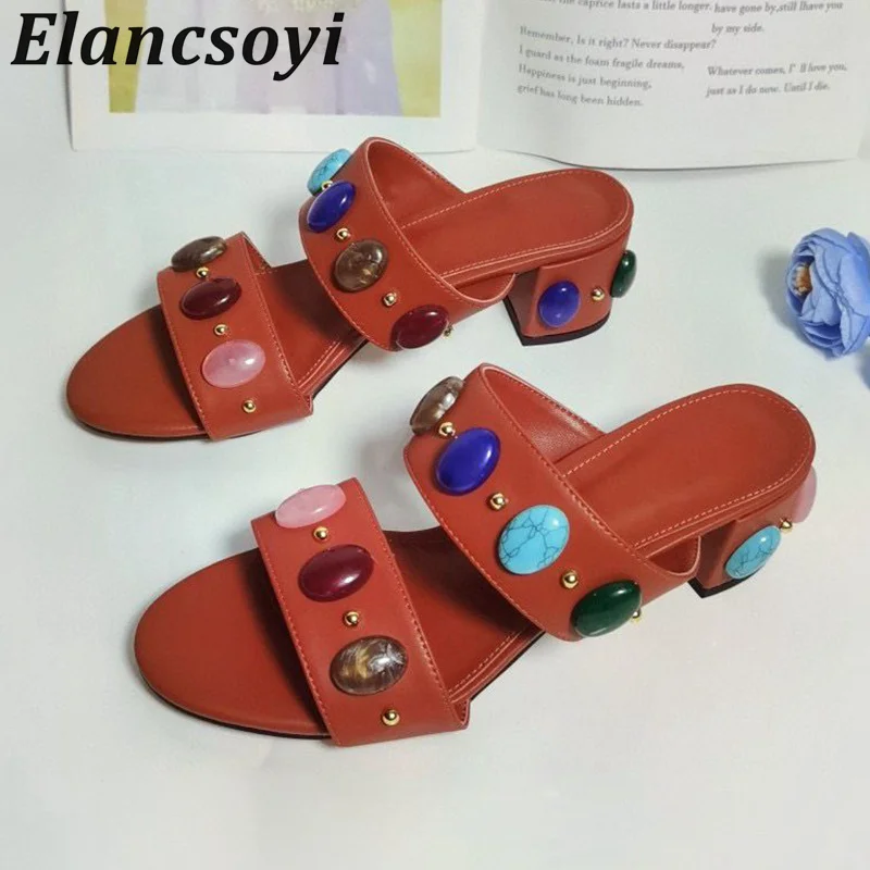 Summer Genuine Leather Crystal Decorative Chunky High Heel Slippers Women Colored Gemstones Sandals Ladies Casual Vacation Shoes