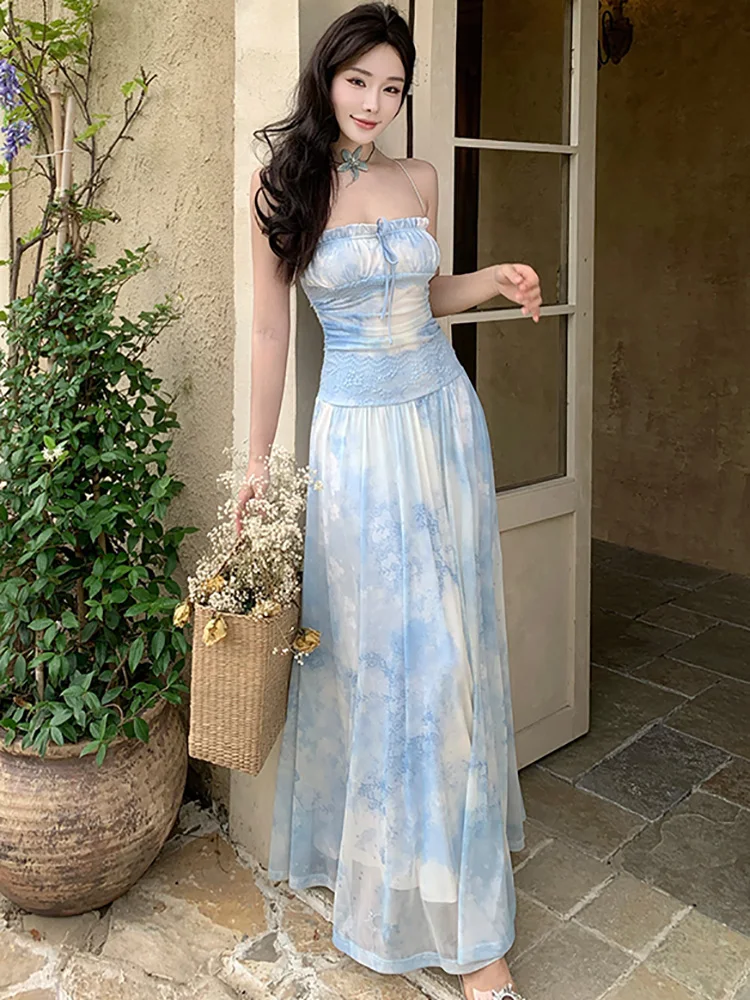 2025 Blue Print Chic Bow Ruffled Sling Sexy Long Dress Women Elegant Casual Beach Style Dress Summer Korean Bodycon Party Dress