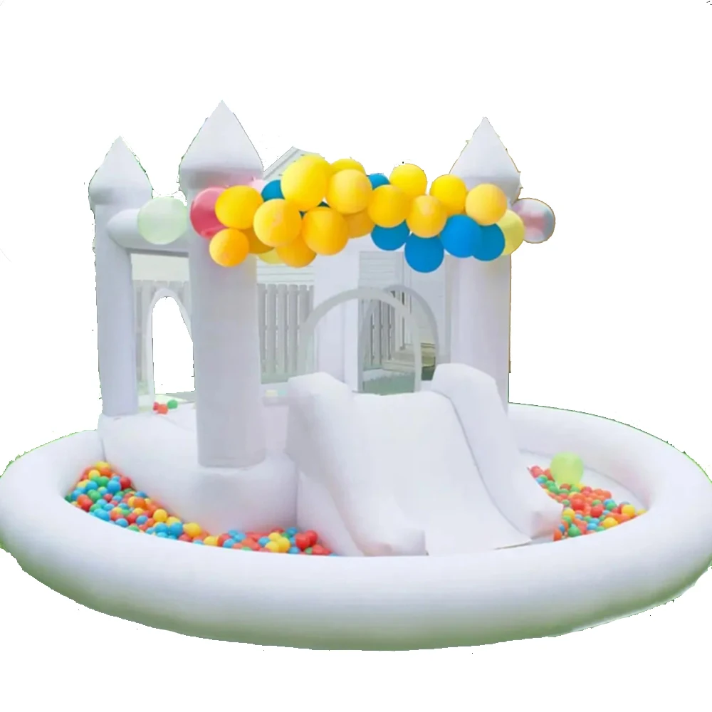 Casa hinchable inflable, castillo hinchable blanco de 11 pies con tobogán de bola para fiesta de boda y patio trasero