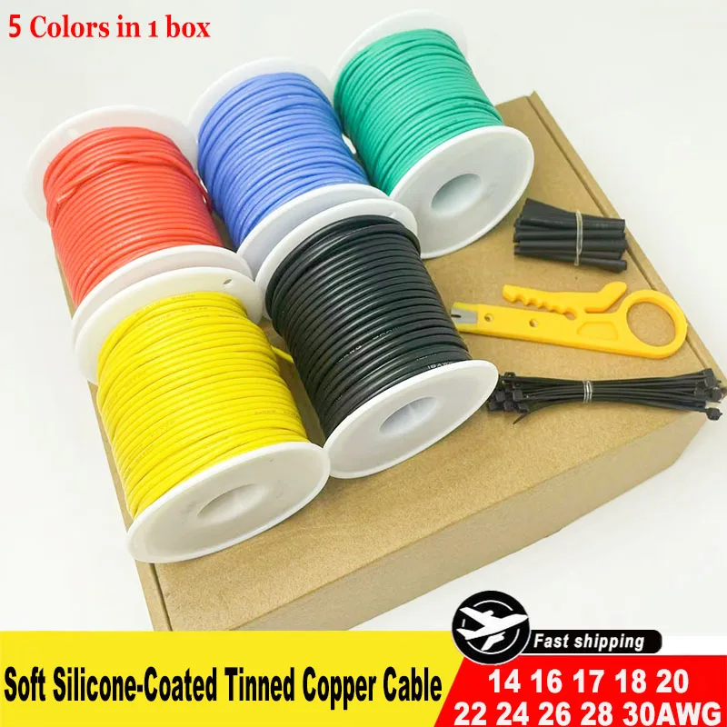 

Soft silicone multi-strand wire, 14AWG 16AWG 17AWG 18AWG 20AWG 22 24awg 26awg 28awg 30awg 5-piece tinned copper core cable kit