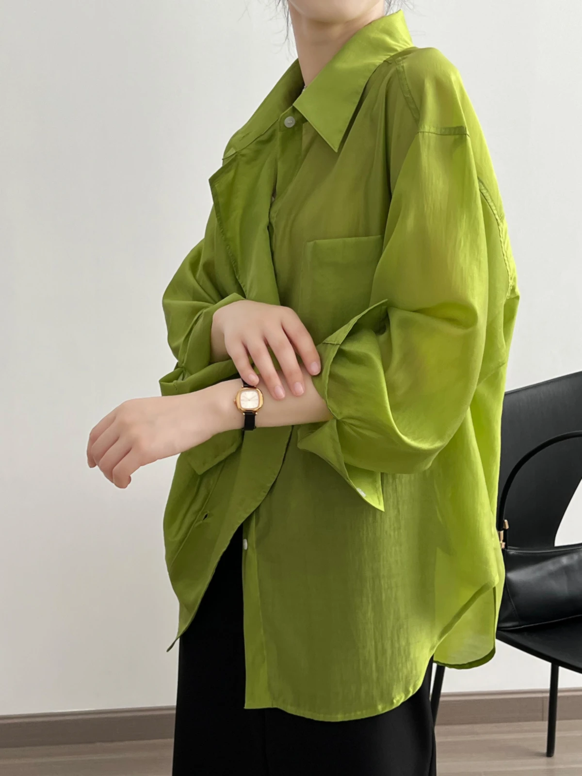 korean retro lapel rayon shirt,oversize Thin silk blouse Elegant Office Women Lyocell Top Plus size clothes 2XL Avocado green