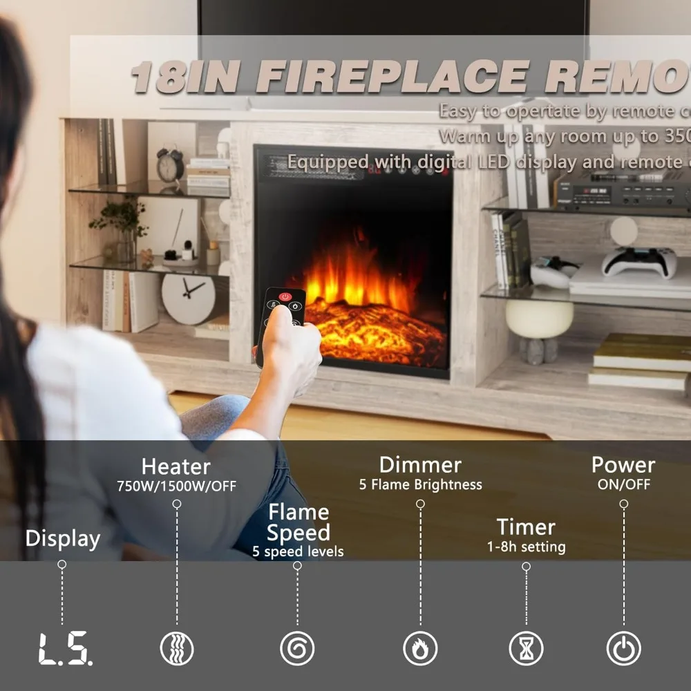 Suporte de TV com lareira de 58 polegadas para TVs de até 65 polegadas Console com lareira elétrica de 18 '' e controle remoto, entretenimento moderno de madeira