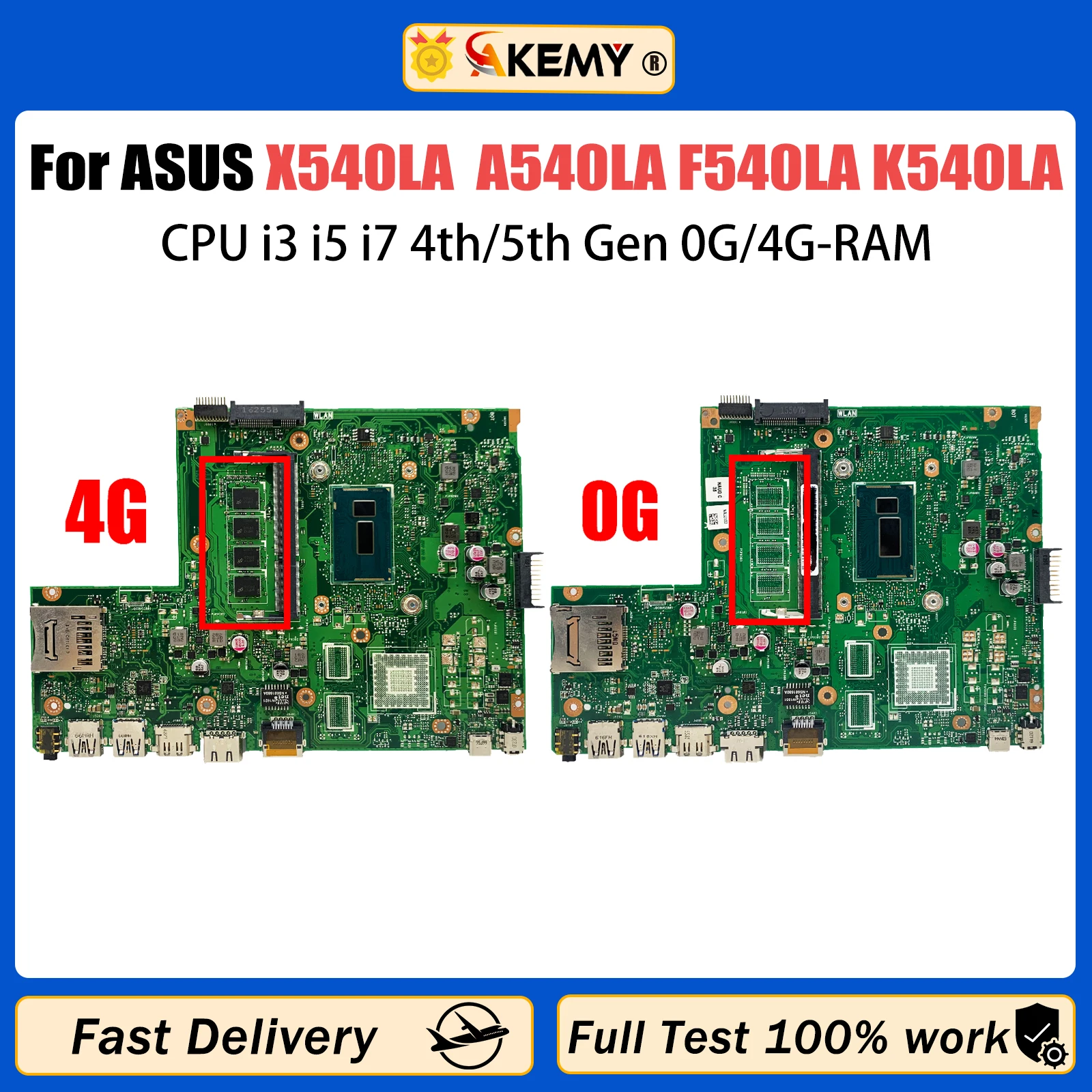 AKEMY X540L Mainboard For ASUS X540LA A540LA F540LA K540LA R540LA X540LJ Laptop Motherboard i3 i5 i7 4th/5th Gen CPU 0G/4G RAM