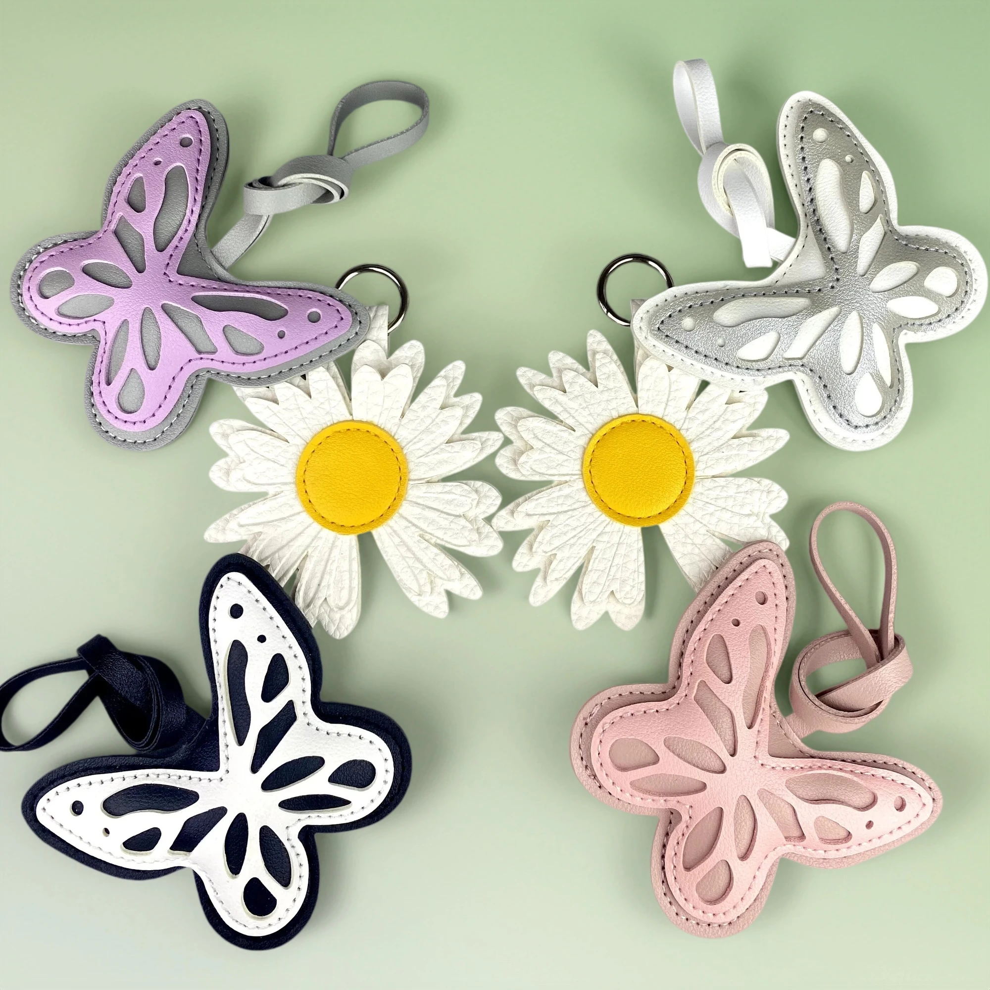 Elegant PU Leather Floral Butterfly Keyring Bag Charm Set, Flower & Laser-Cut Butterfly Pendant, Artistic Butterfly Bag Charm
