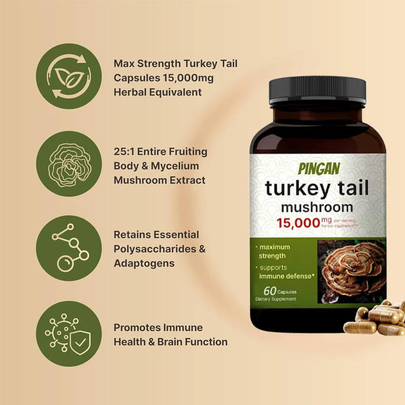 

Türkiye Tail Mushroom Capsule 60 Capsules | 25:1 Fruit Body and Mycelium Extract - Immune and Brain Health Mushroom Supplement