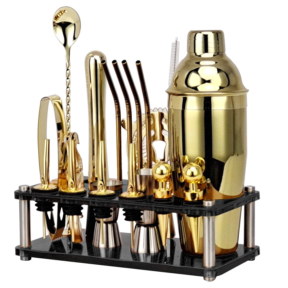 Bartender Kit,20-Piece Gold Cocktail Shaker Set With Rotating Acrylic Stand,For Mixed Drinks Martini Home Bar Kitchen Tools